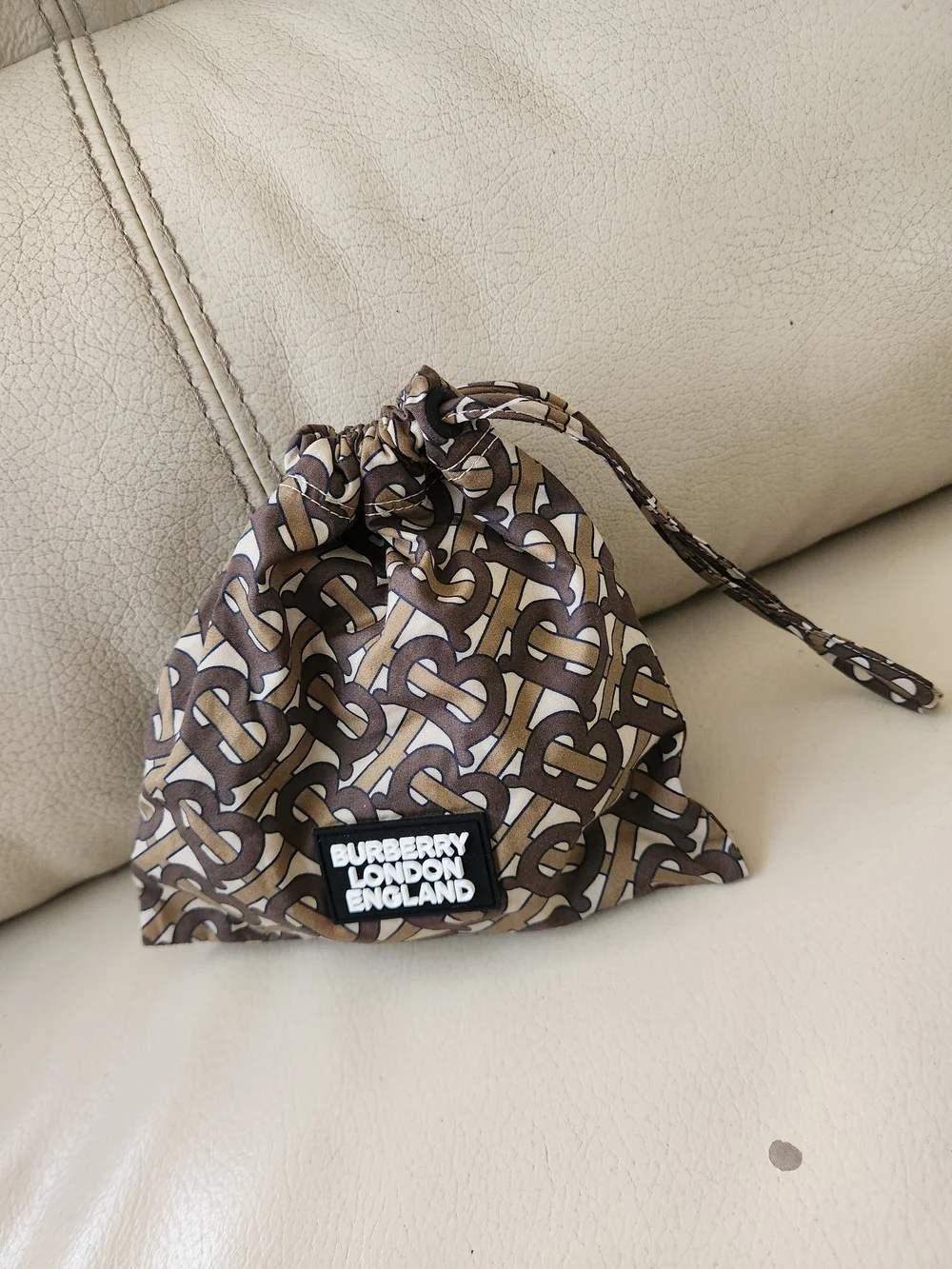 Burberry Brown Monogram Face Mask with Drawstring Pouch